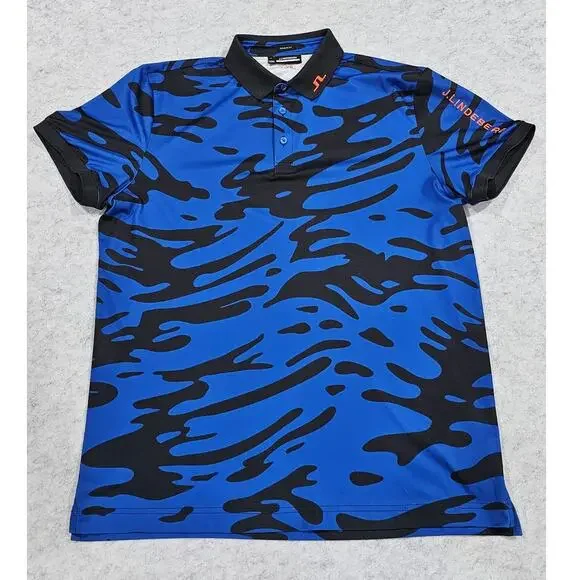 J. Lindeberg Tour Tech Reg Fit Print Polo Neptune Nautical Blue, Mens Sz XL